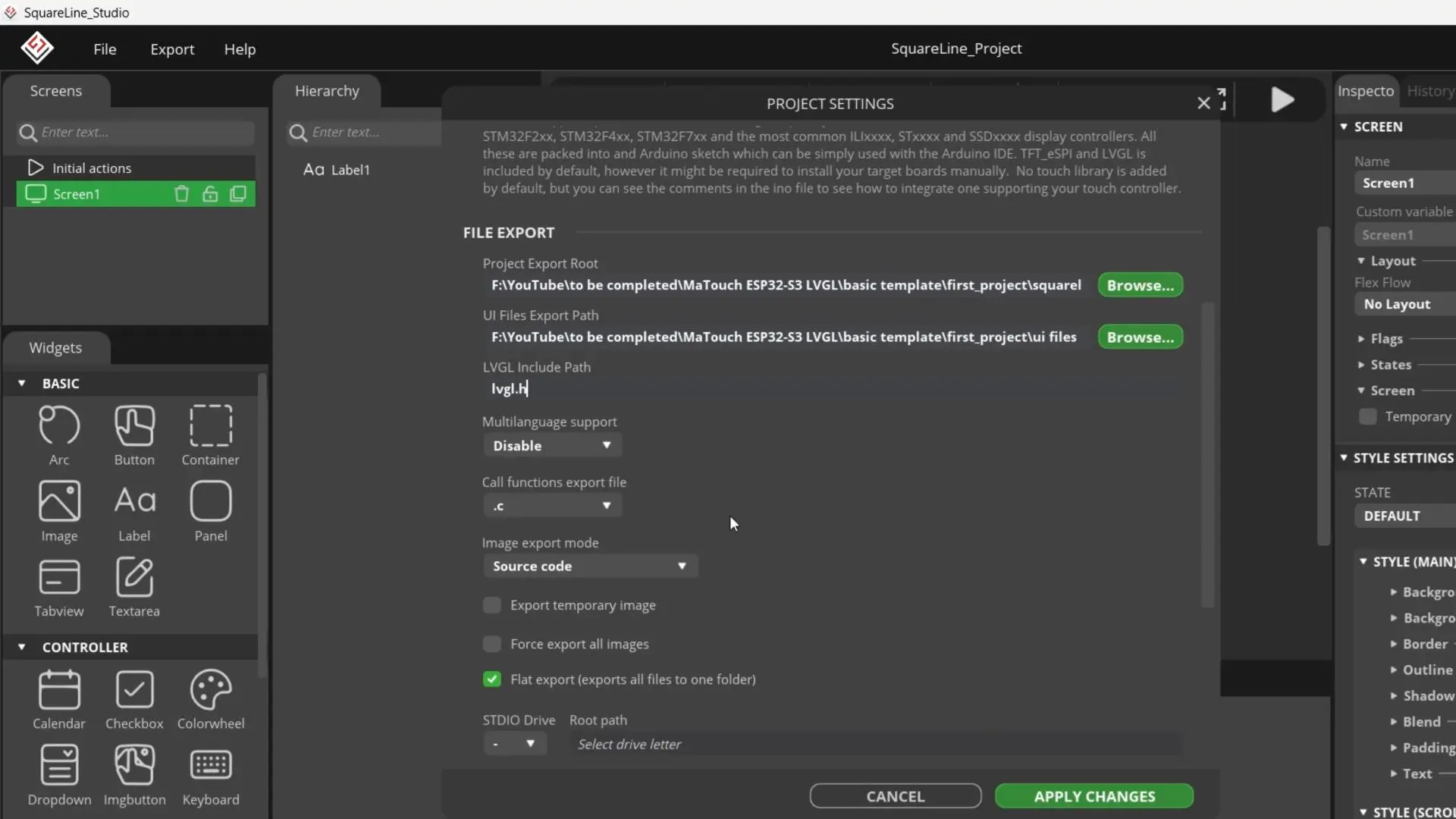 SquareLine Studio complete project settings for the Makerfabs MaTouch ESP32-S3 3.16-inch parallel TFT display
