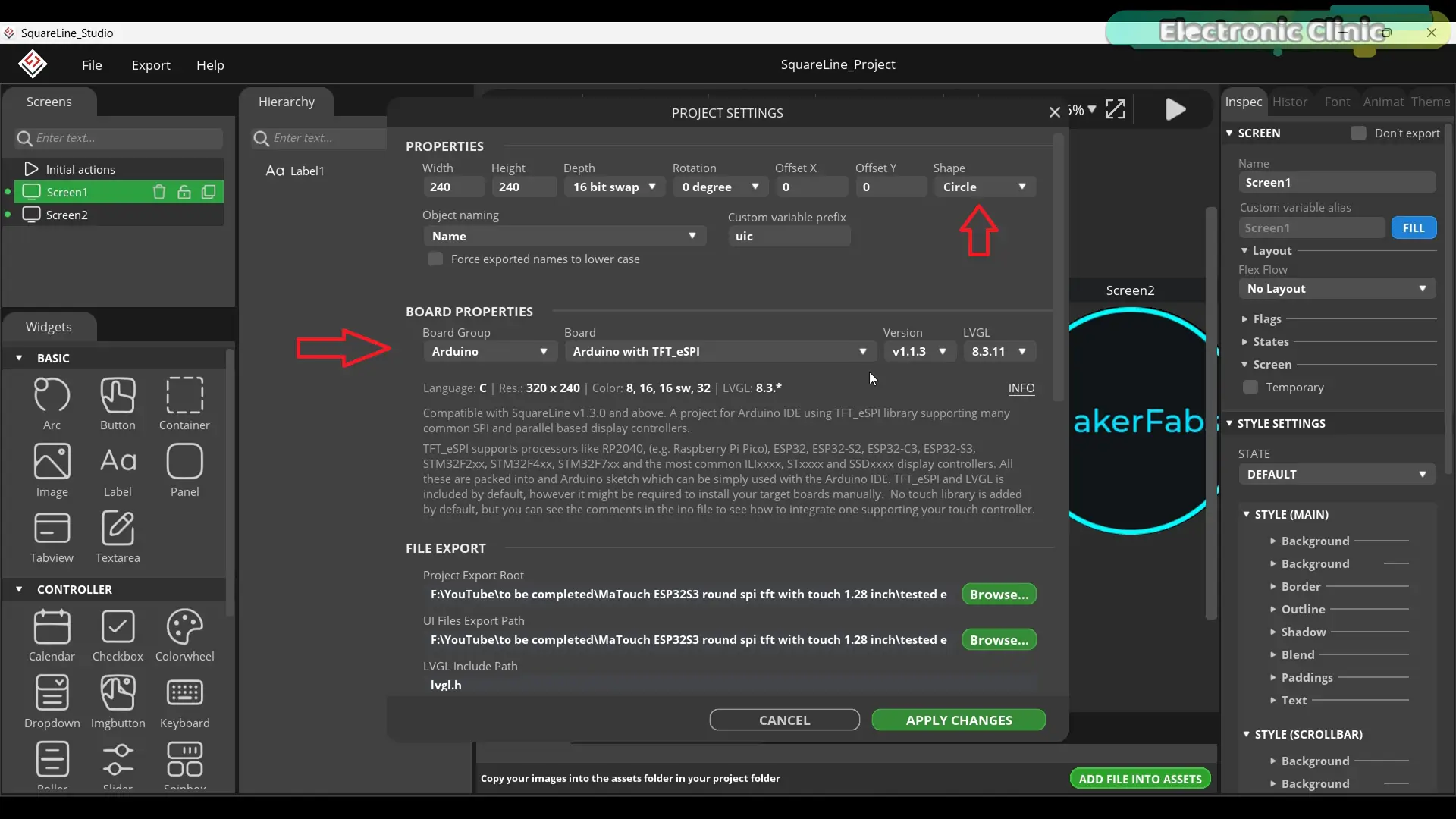 SquareLine Studio ESP32-S3 round display shape settings