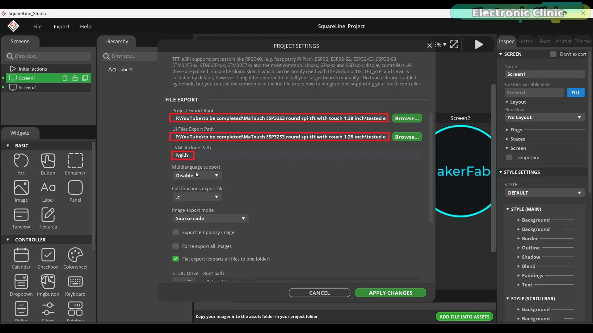 SquareLine Studio file export paths and LVGL include path settings
