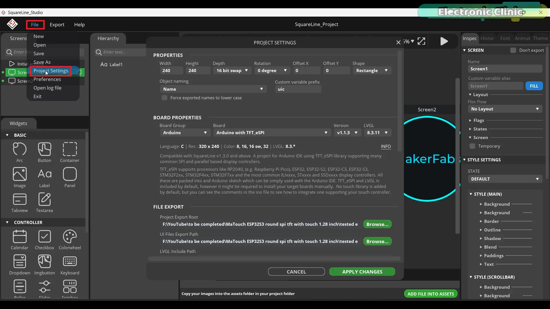 SquareLine Studio board properties and LVGL project settings