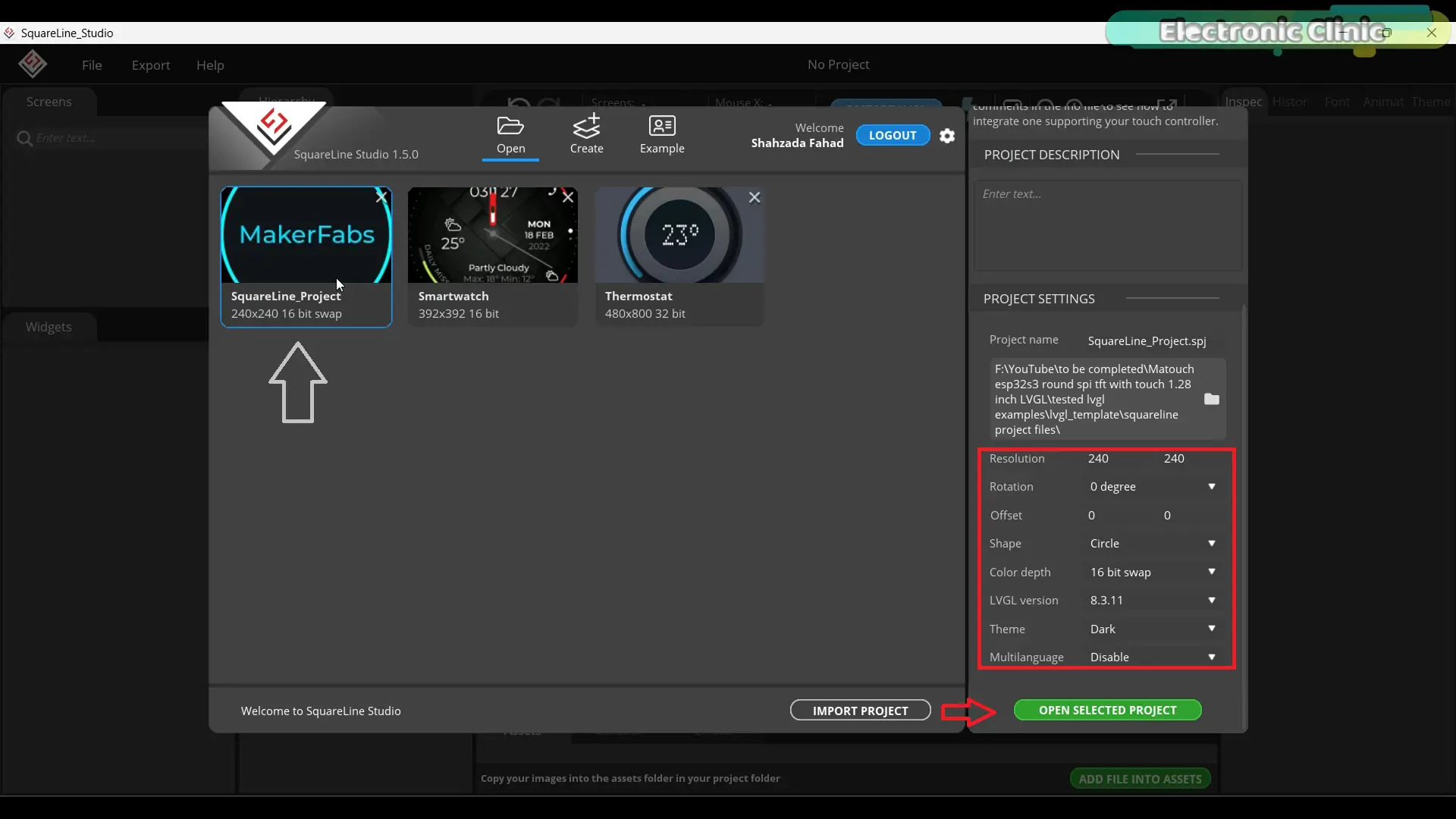 SquareLine Studio project settings for an ESP32-S3 round display