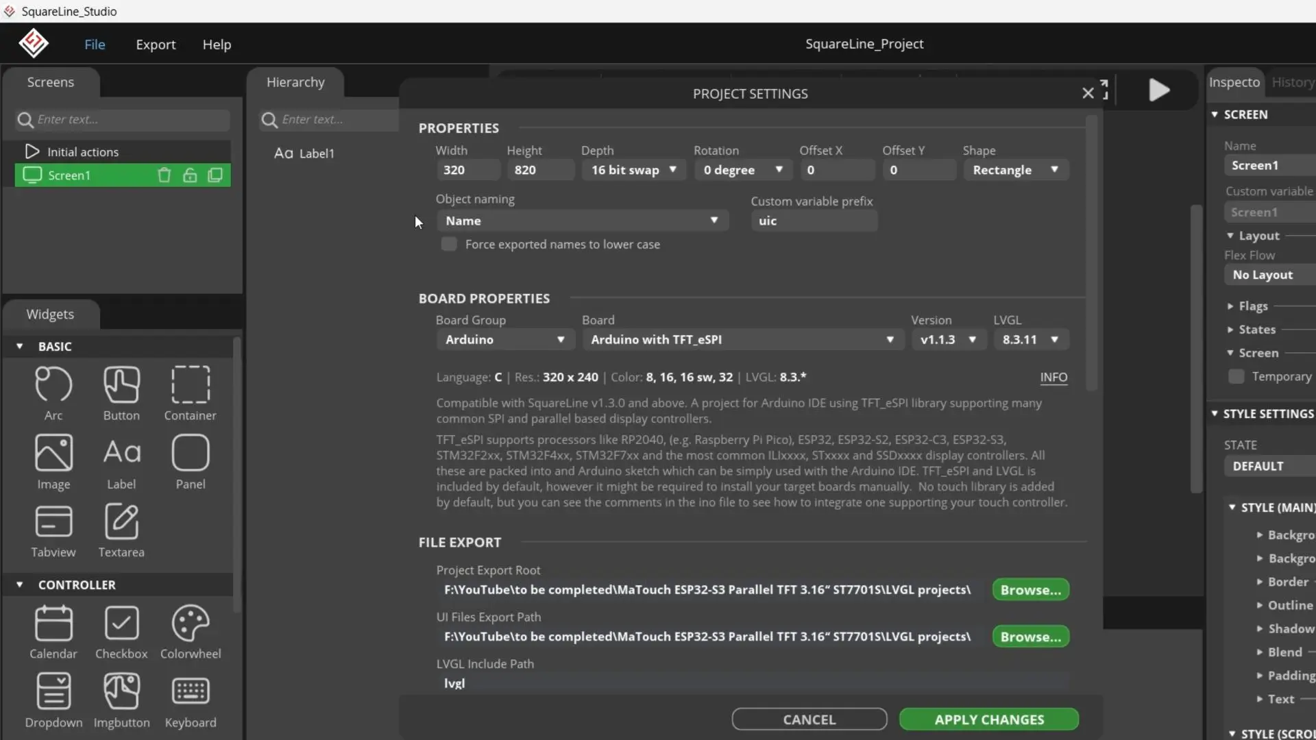 SquareLine Studio project settings for the Makerfabs MaTouch 3.16-inch parallel TFT display