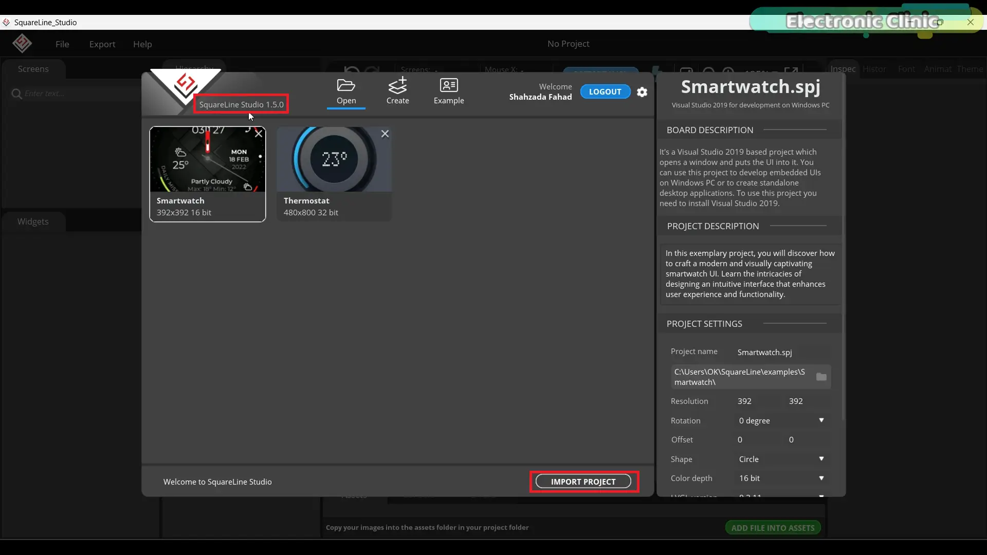 SquareLine Studio version 1.5.0 startup screen for LVGL interface design