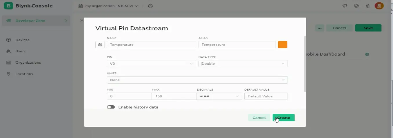 Temperature datastream setup in Blynk for ESP32 IoT project