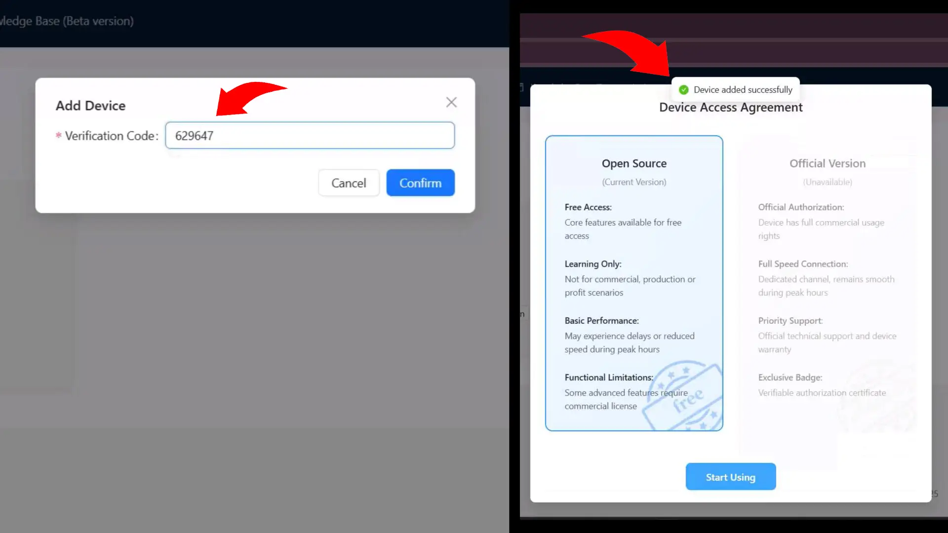Xiaozhi AI verification code and device access agreement for AiPi-PalChat V1