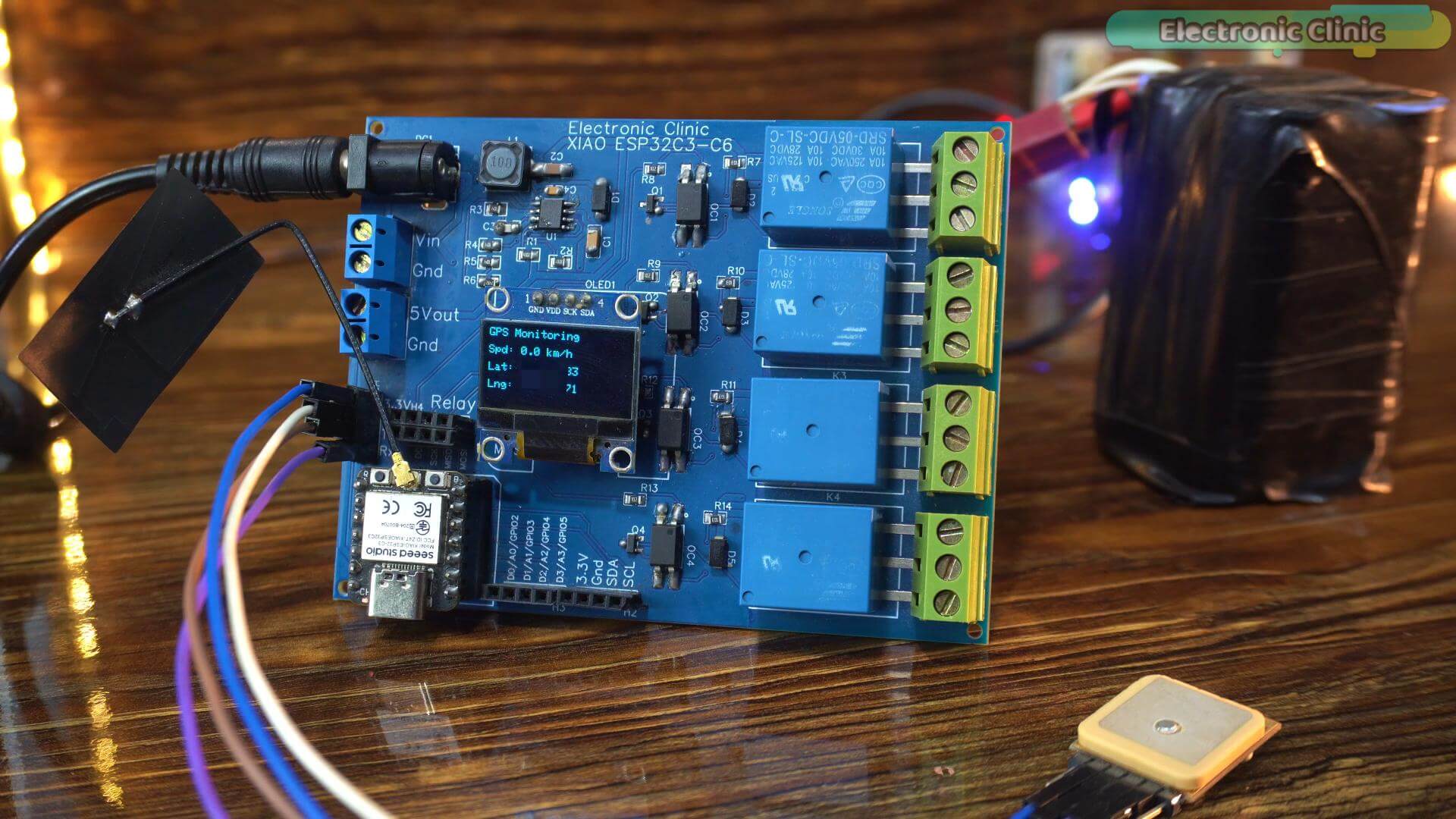 Carrier board OLED display showing a GPS monitoring interface