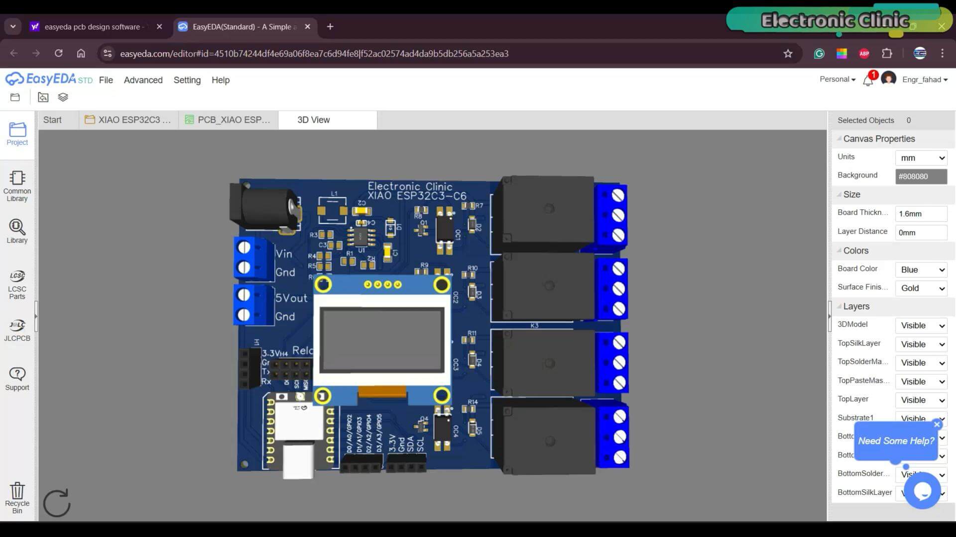 EasyEDA 3D PCB design featuring XIAO ESP32-C3 and ESP32-C6