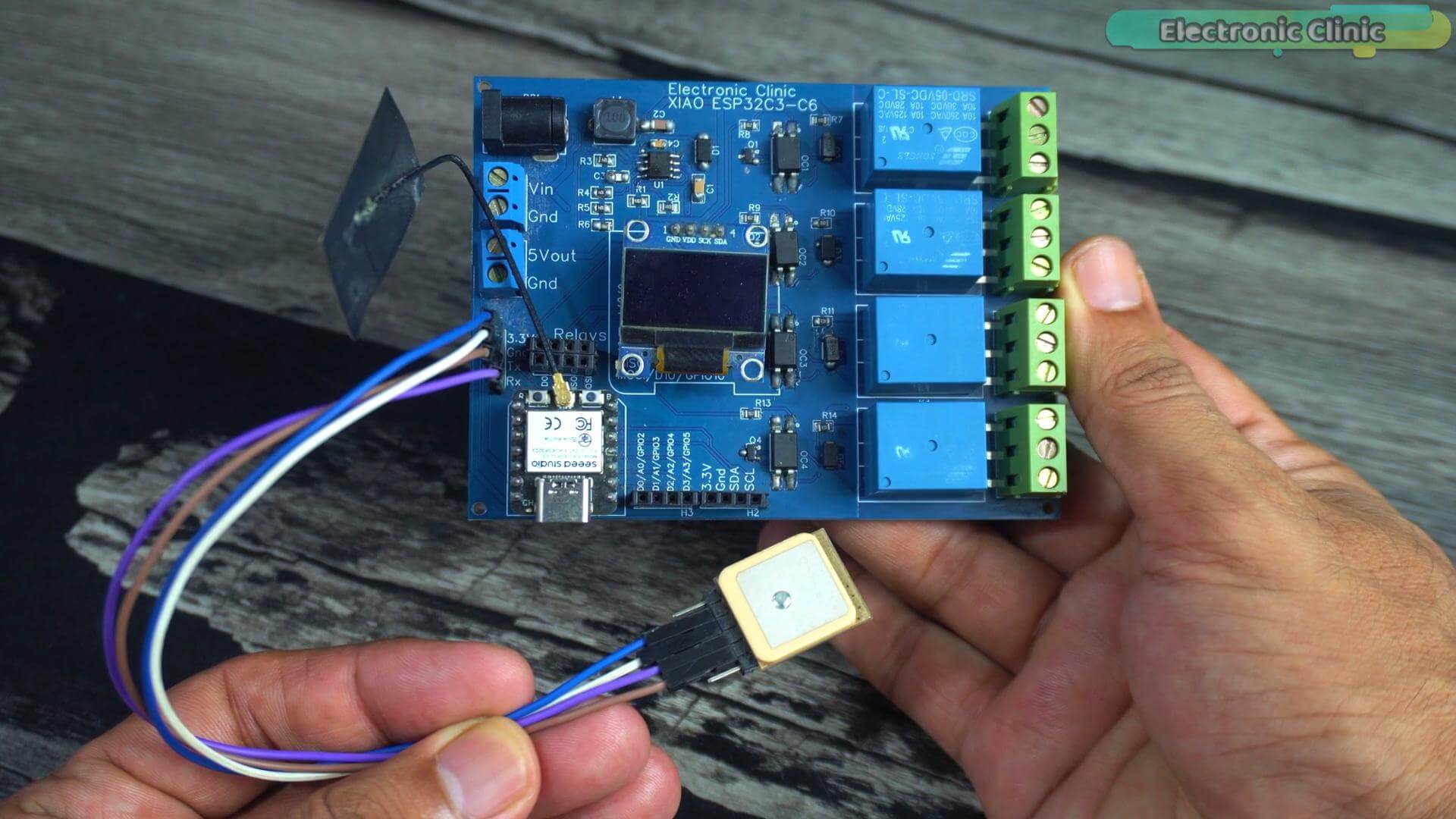 ESP32 carrier board with handheld GP-02 GPS module wiring inspection