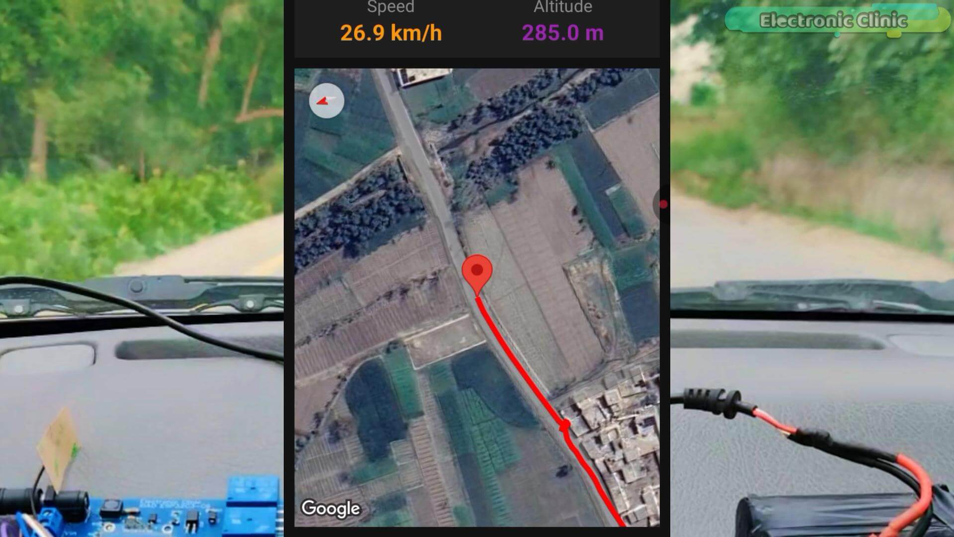 ESP32 GPS tracker tested with Google Maps satellite view for real-time location tracking
