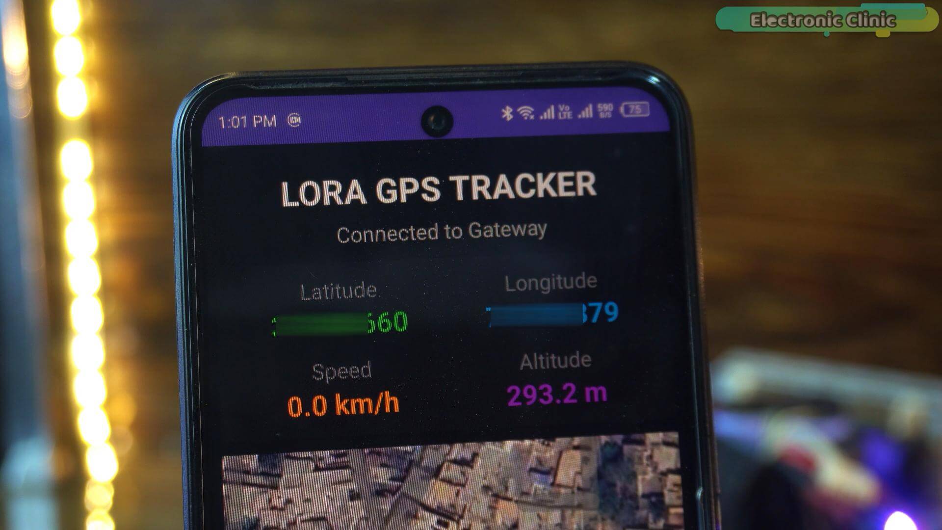 ESP32 GPS tracker mobile app interface showing live GPS data