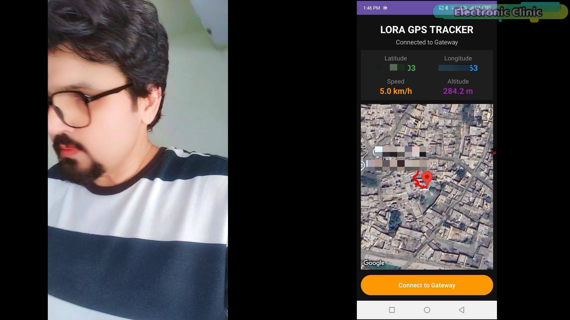 ESP32 GPS tracker walking test with real-time location shown in an Android app
