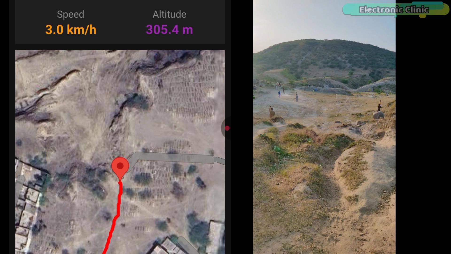 Outdoor hilly terrain shown in a Google Maps GPS tracking demo